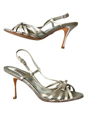 Badgley Mischka Silver Glitter Satin Slingback Heels Open Toe Size 7M Prom